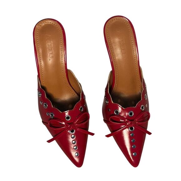 NWOT Size EU 35 (US 5) Atbell Red Bow Stud Grommit Kitten Heel Mule - Picture 5 of 5